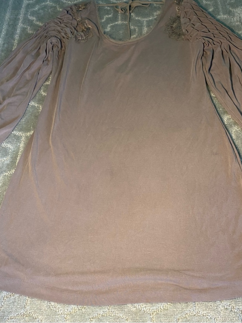Free People Boho Tunic Dress‎ Large Taupe Lace Ruched Romantic Flowy Cottagecore - Picture 9 of 10